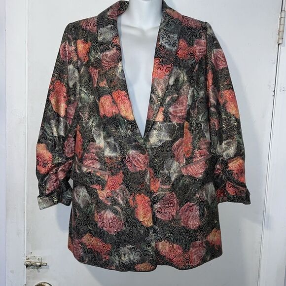 LOGO LAVISH By Lori Goldstein Woven Floral Metallic Jacquard Jacket-XS - Picture 2 of 10